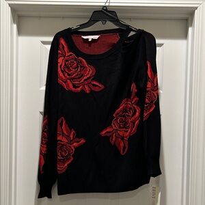 NWT Black and Red Rose Patterned Women's Sweater with one side cold shoulder